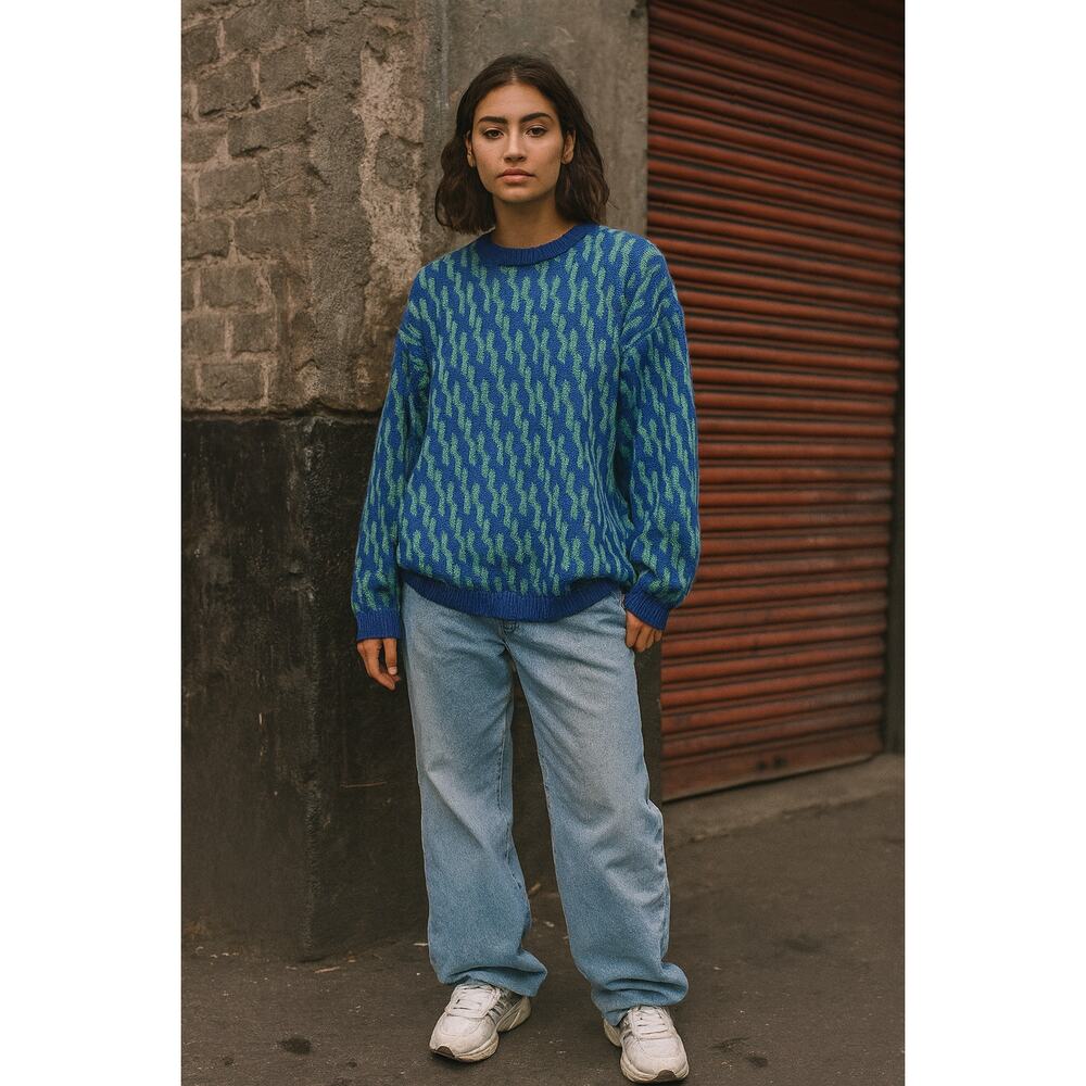 Vtg Geo Knit Sweater Size XL Blue Green 100% Merino Wool Retro 90s Embassy Row